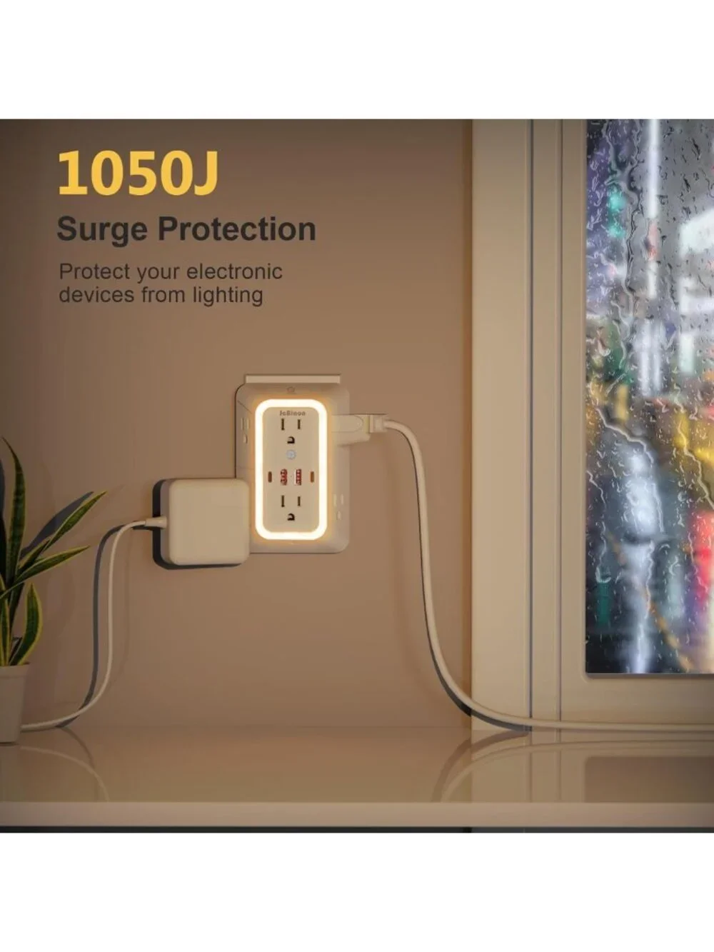 6-Outlet Power Plug Adapter with 4 USB Ports & Night Light - Travel & Home Use